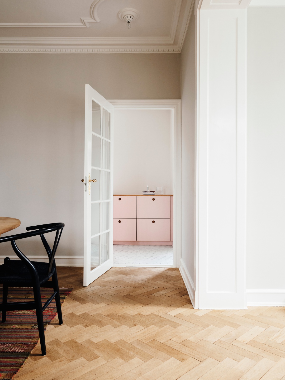 Pink linoleum kitchen and oak handles