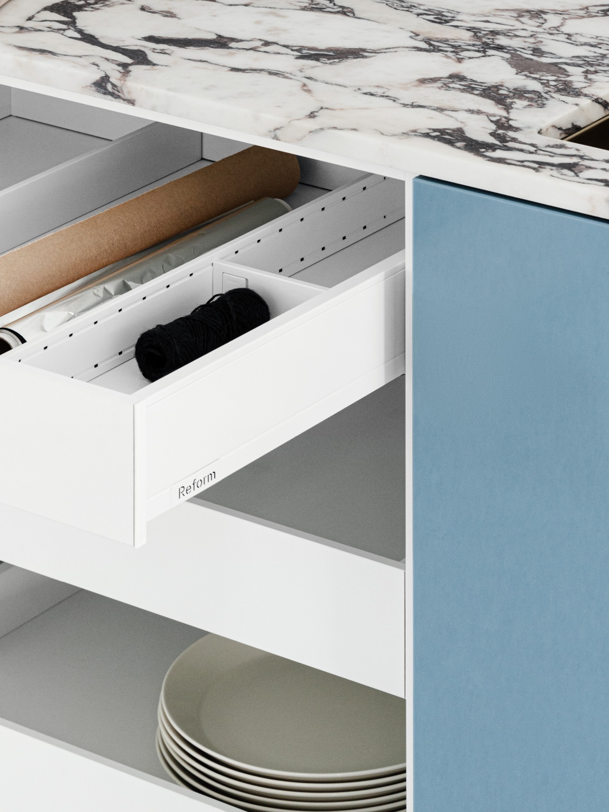 White kitchen drawers